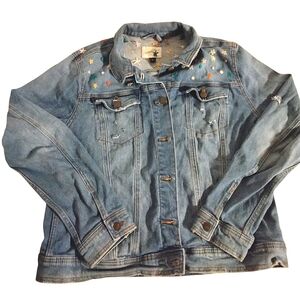 Women's Universal Thread Distressed Embroidered Blue Denim Jacket Size XL